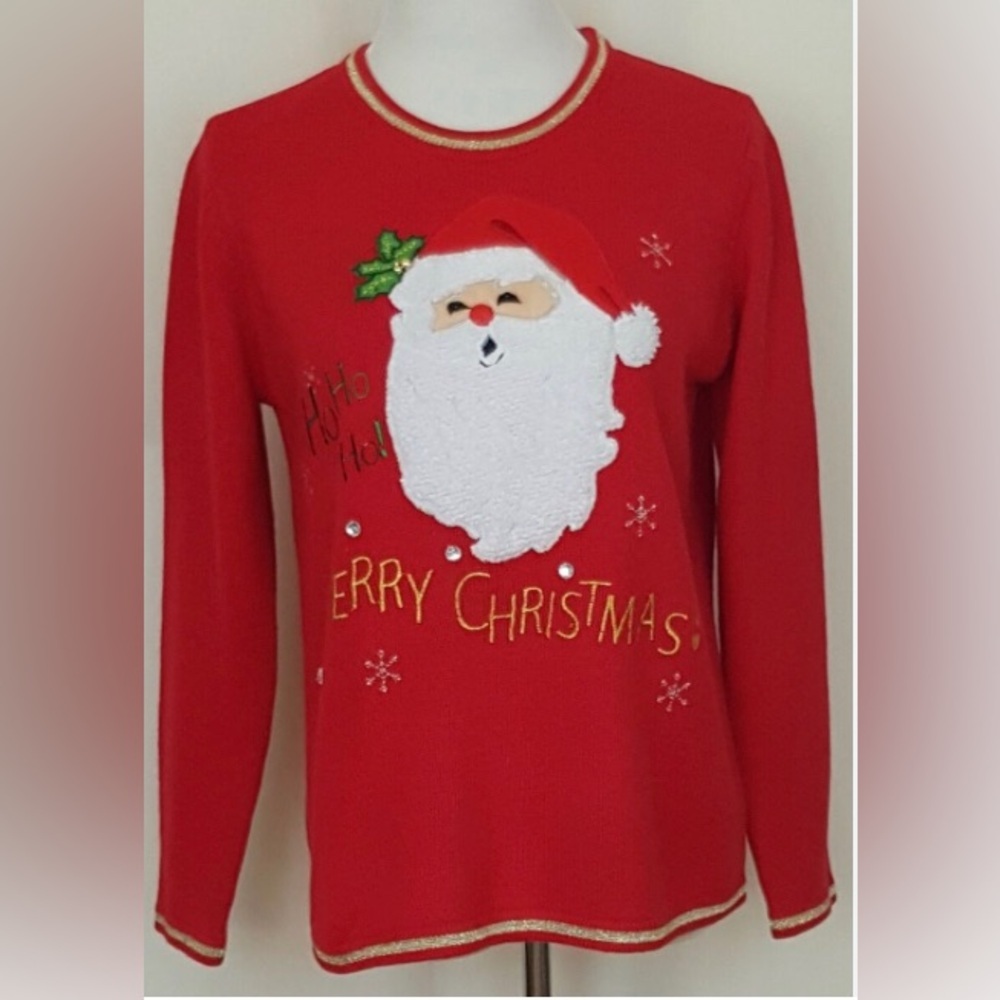 Red Santa Appliqué Crewneck Sweater - Holiday Knit